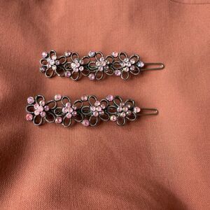Y2K Pair of Pink Rhinestone Flowers & Steel Barettes Coquette Girl Style